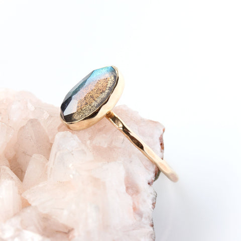 Rose cut labradorite & 14k gold solitaire ring