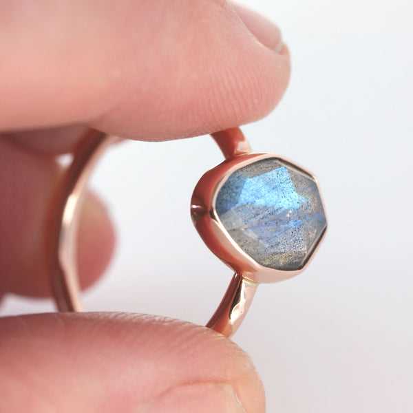 Rose cut labradorite & 14k gold solitaire ring