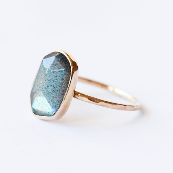Rose cut labradorite & 14k gold solitaire ring