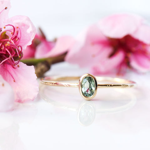 Tiny Green Sapphire & 14k Gold Wildflower Ring