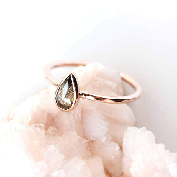 Pear rose cut coloured diamond & 14k gold ring