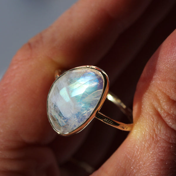 Rose Cut Rainbow Moonstone & 14k Gold Ring