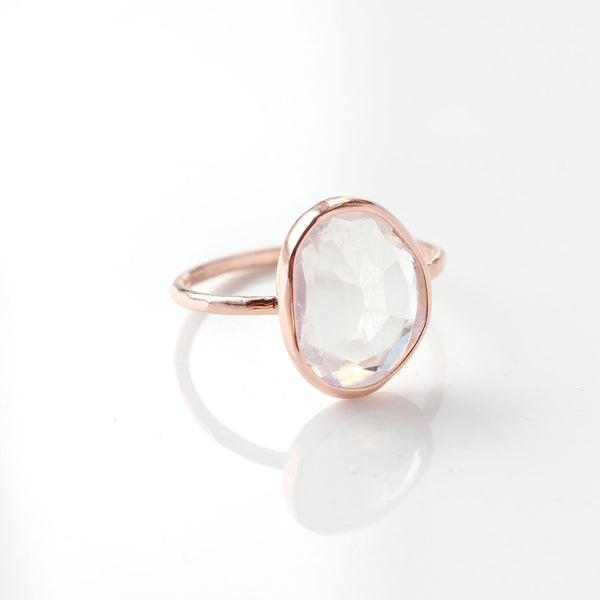 Rose Cut Rainbow Moonstone & 14k Gold Ring