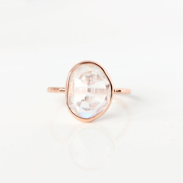 Rose Cut Rainbow Moonstone & 14k Gold Ring