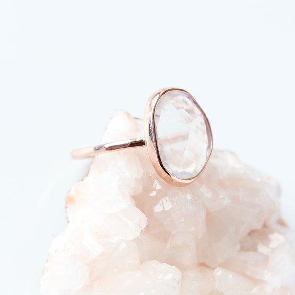 Rose Cut Rainbow Moonstone & 14k Gold Ring