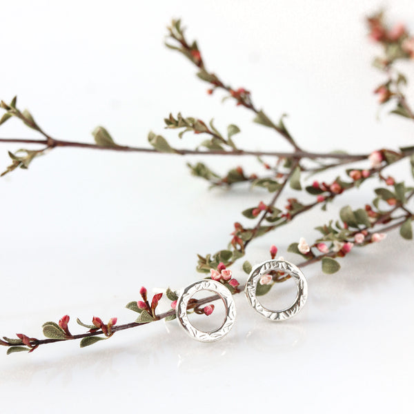 Small sterling silver textured circle or oval earrings - The Dahlia Stud Earrings