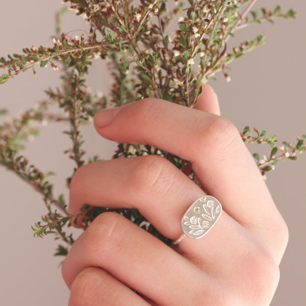 Sterling silver flower & gemstone signet ring - The Meadow Ring